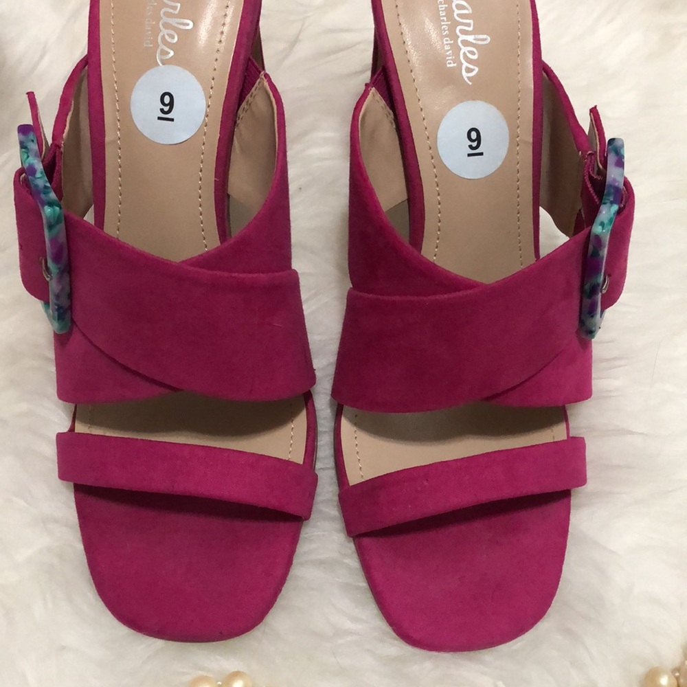 CHARLES DAVID • Gorgeous Pink Open Toe Pumps with Colorful Buckle Detail Accent - Picture 2 of 13